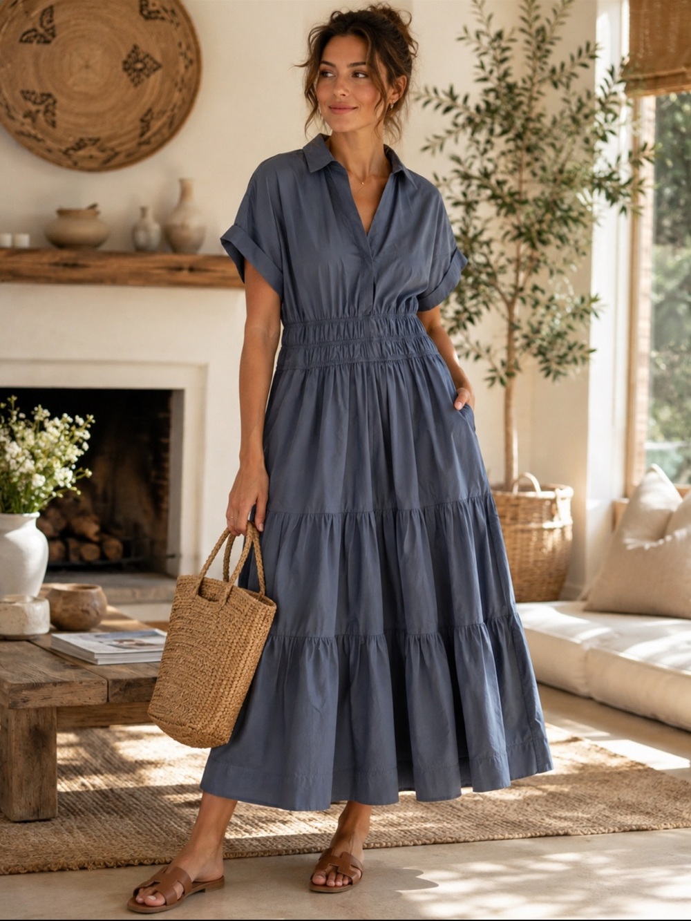 Anthropologie Somerset Blue Cotton Tiered Midi Maxi Shirt Dress Size 1x